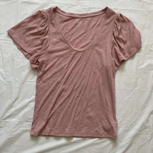 Gap Essential Rib Flutter Sleeve Tee, English Rose, Size L - Picture 2 of 4